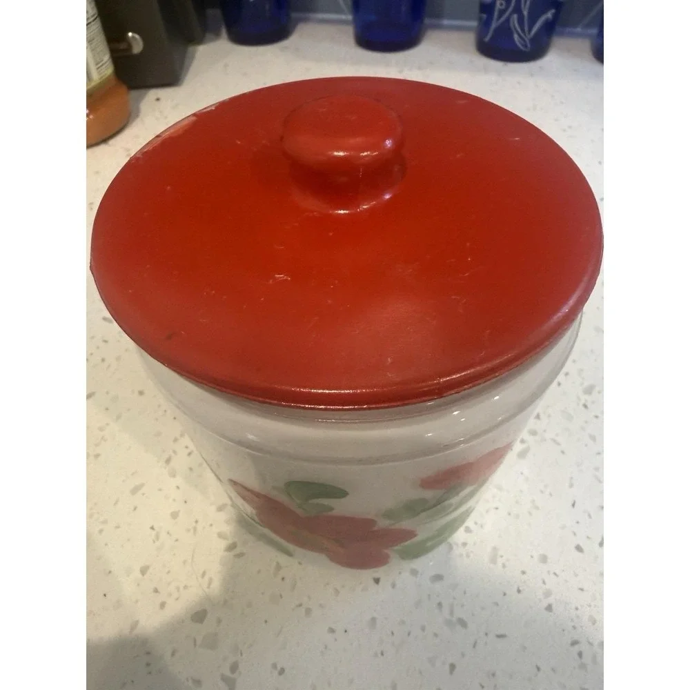 Anchor Hocking Mid Century Hand Painted Double Sided Fruit Flower Glass Canister